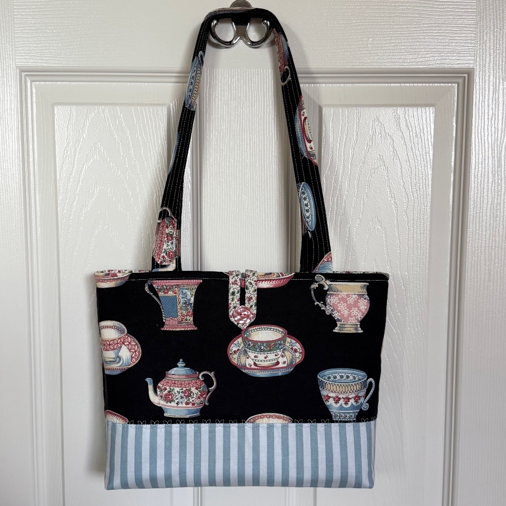 Custom Shabby Chic Tea Cups Tote Bag Handmade in USA Black and Pink Teacups